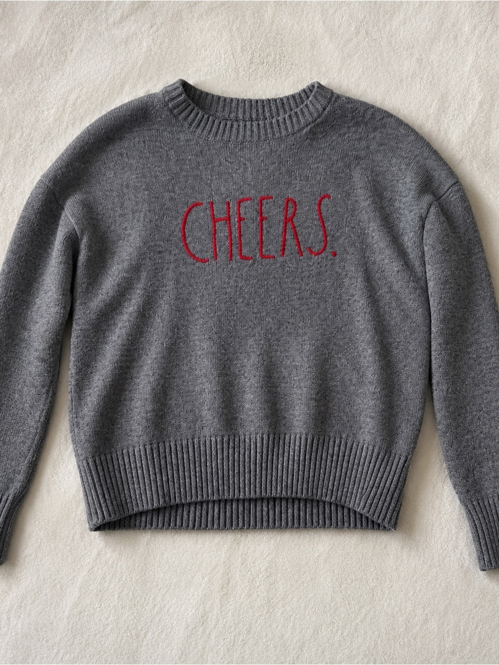Rae Dunn Gray Crewneck Sweater with Red CHEERS Embroidery